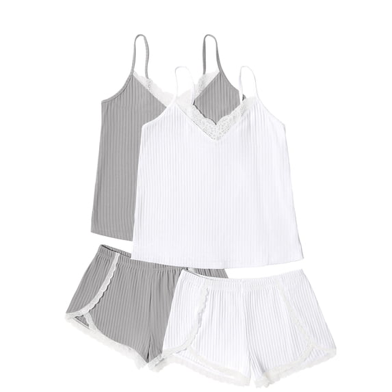 Ekouaer Womens Pajama Sets Soft Lingerie Sleepwear 4 Piece Cami Shorts Set V Neck Pj Lace Nightwear
