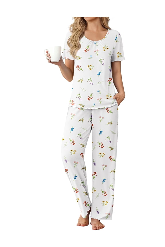 Womens Pajama Sets Viscose from bamboo Lounge Set Soft Pajamas for Women Set Short Sleeve and Long Pants Sleepwear