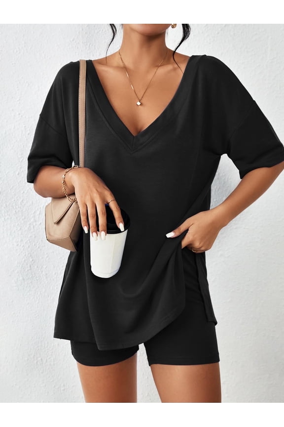 Womens Pajamas 2 Piece Lounge Sets Oversized V Neck T-Shirts Tops Biker Shorts Set Workout Reversible Tracksuit Black L