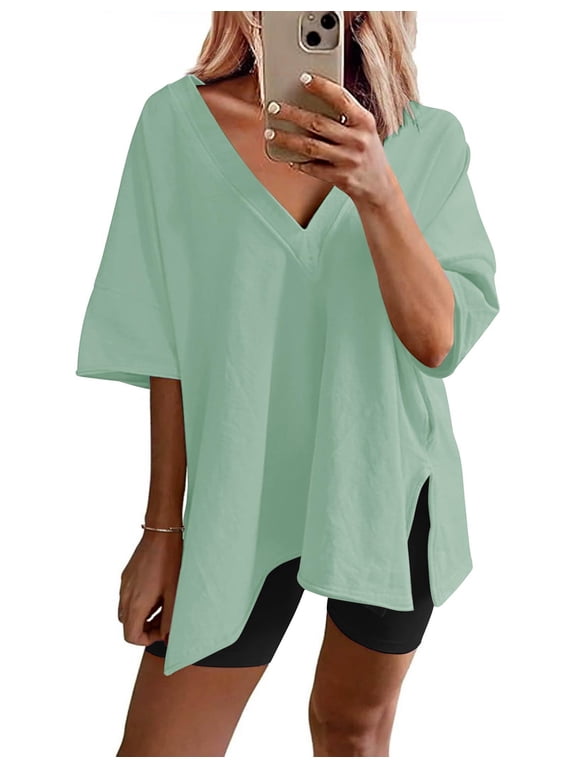 Womens Pajamas 2 Piece Lounge Sets Oversized V Neck T-Shirts Tops Biker Shorts Set Workout Reversible Tracksuit Light Blue M
