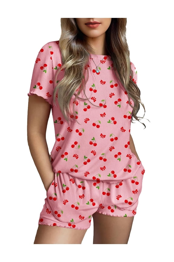 Womens Pajamas 2 Piece Ribbed Knit Pjs Colorful Pattern Sleep Set Short Sleeve Pajamas Set Casual Lounge Sets Pink Cherry