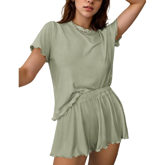 Ekouaer Womens Pajamas 2 Piece Ribbed Knit Pjs Short Sleeve Sleepwear Set Summer Soft Pajamas Set Casual Lounge Sets Light Green L