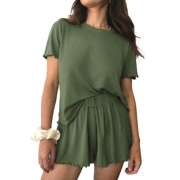 Ekouaer Womens Pajamas 2 Piece Ribbed Knit Pjs Short Sleeve Sleepwear Set Summer Soft Pajamas Set Casual Lounge Sets