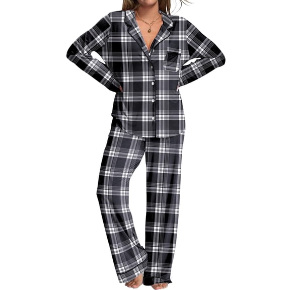 Ekouaer Womens Pajamas Set 2 Piece Button Down Pjs Soft Long Sleeve Top and Pants Sleepwear Set Lounge Sets Blue Black Plaid