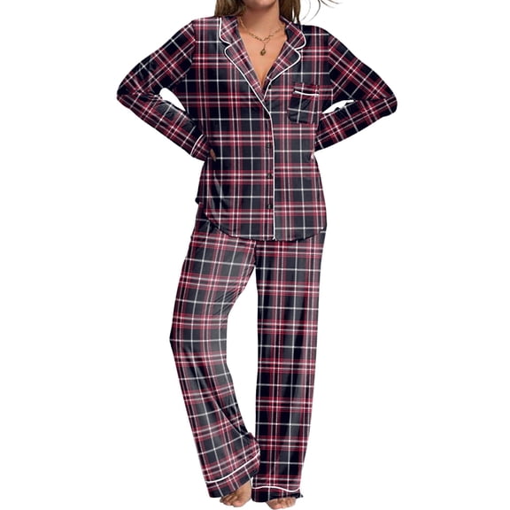 Ekouaer Womens Pajamas Set 2 Piece Button Down Pjs Soft Long Sleeve Top and Pants Sleepwear Set Lounge Sets Blue Black Plaid