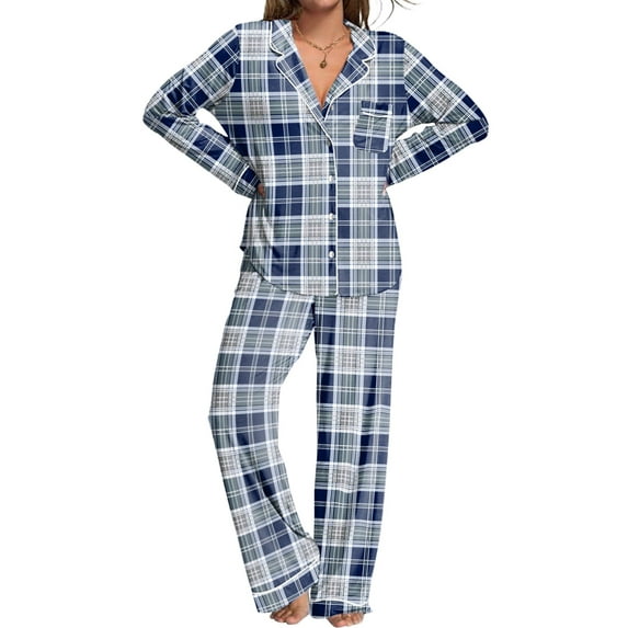 Ekouaer Womens Pajamas Set 2 Piece Button Down Pjs Soft Long Sleeve Top and Pants Sleepwear Set Lounge Sets Blue Black Plaid
