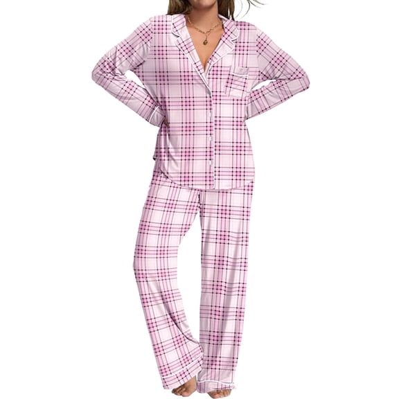 Ekouaer Womens Pajamas Set 2 Piece Button Down Pjs Soft Long Sleeve Top and Pants Sleepwear Set Lounge Sets Pink Plaid