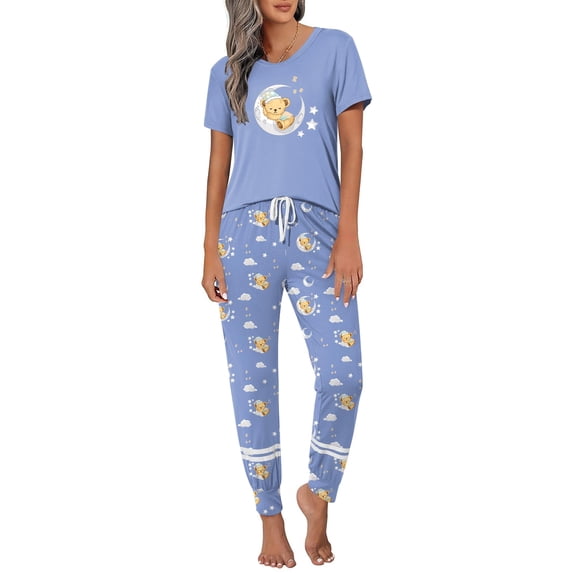 Ekouaer Womens Pajamas Set 2 Piece Lounge Pj Set Short Sleeve Sleepwear Tops with Joggers Pants Loungewear Print Nightwear