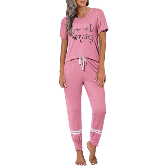 Ekouaer Womens Pajamas Set 2 Piece Lounge Pj Set Short Sleeve Sleepwear Tops with Joggers Pants Loungewear Print Nightwear