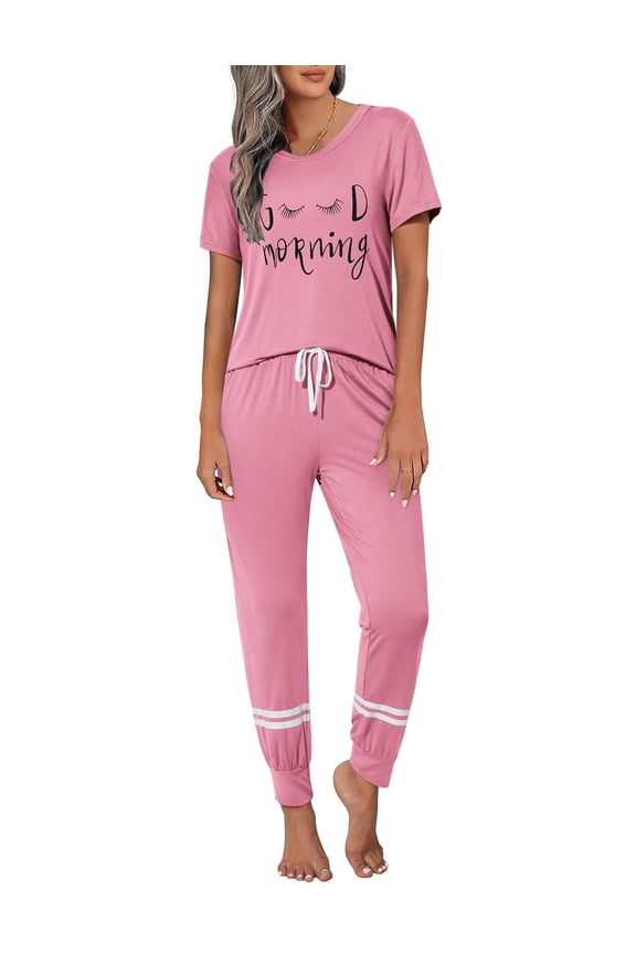 Womens Pajamas Set 2 Piece Lounge Pj Set Short Sleeve Sleepwear Tops with Joggers Pants Loungewear Print Nightwear