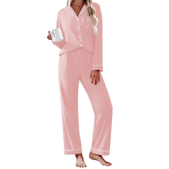Ekouaer Womens Pajamas Set Cotton Long Sleeve Button Down Sleepwear Top and Long Pants Set Soft 2 Piece Pjs Lounge Set