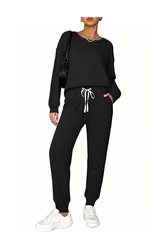 Womens Pajamas Set Ribbed Knit Long Sleeve Pullover Top Jogger Pants Set 2 Piece Lounge Set Sleepwear Tracksuit