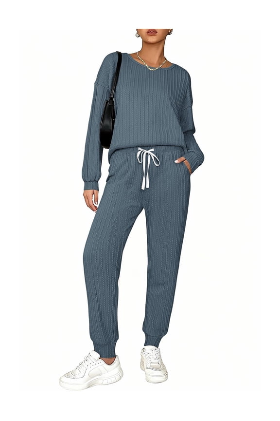 Womens Pajamas Set Ribbed Knit Long Sleeve Pullover Top Jogger Pants Set 2 Piece Lounge Set Sleepwear Tracksuit