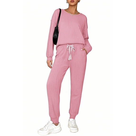 Ekouaer Womens Pajamas Set Ribbed Knit Long Sleeve Pullover Top Jogger Pants Set 2 Piece Lounge Set Sleepwear Tracksuit