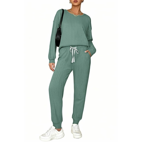 Ekouaer Womens Pajamas Set Ribbed Knit Long Sleeve Pullover Top Jogger Pants Set 2 Piece Lounge Set Sleepwear Tracksuit