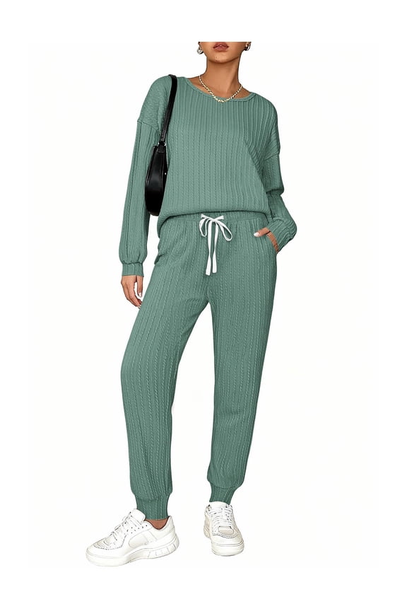 Womens Pajamas Set Ribbed Knit Long Sleeve Pullover Top Jogger Pants Set 2 Piece Lounge Set Sleepwear Tracksuit