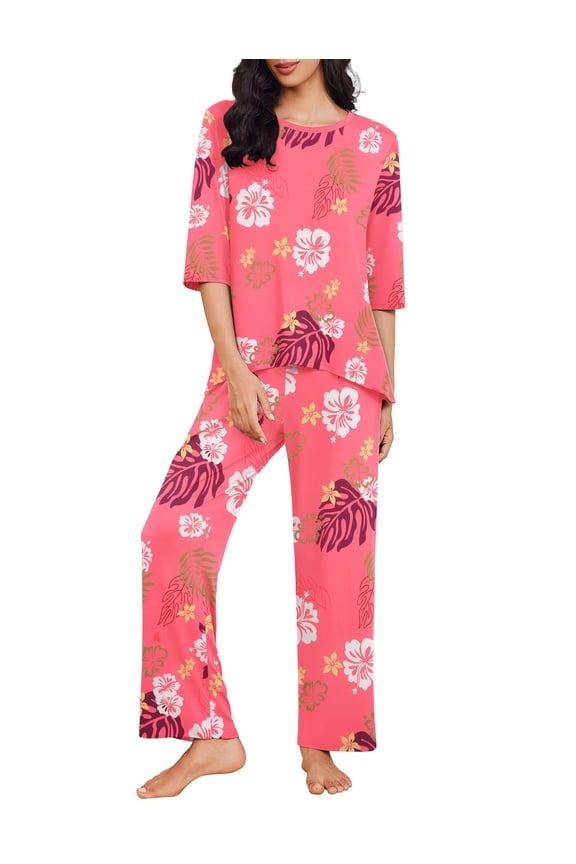 Womens Pajamas Sets 2 Piece Lounge Set 3/4 Sleeve Tops and Long Pants Soft Pjs Loungewear with Pockets