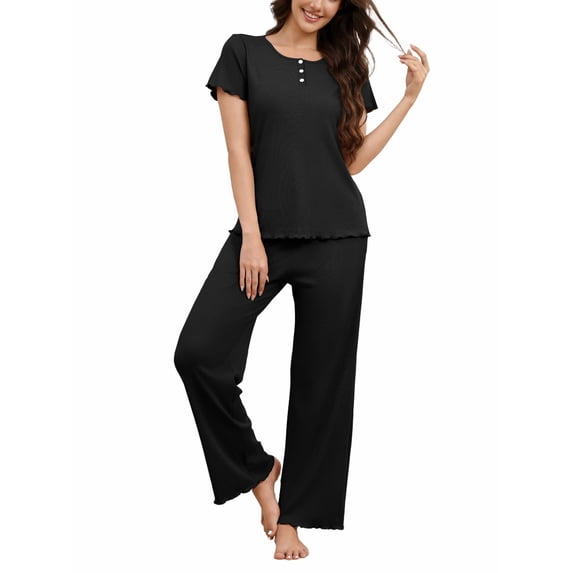 Ekouaer Womens Pajamas Sets Ribbed Buttons Short Sleeve Top and Pant with Pockets Loungewear Ruffle Trim Sleepwear