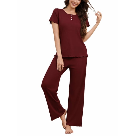 Ekouaer Womens Pajamas Sets Ribbed Buttons Short Sleeve Top and Pant with Pockets Loungewear Ruffle Trim Sleepwear