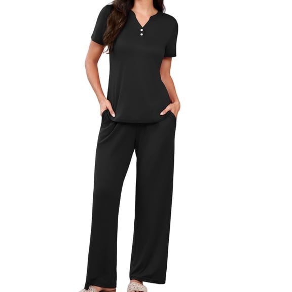 Ekouaer Womens Pajamas Sets V Neck Buttons Short Sleeve Top and Pant with Pockets Lounge Wear Set Outfits