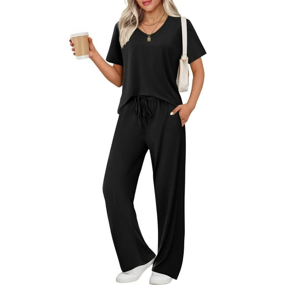 Ekouaer Lounge Sets for Women Ribbed Pajama Set Short Sleeve Top and Long Pants Set with Pockets Sleep Set