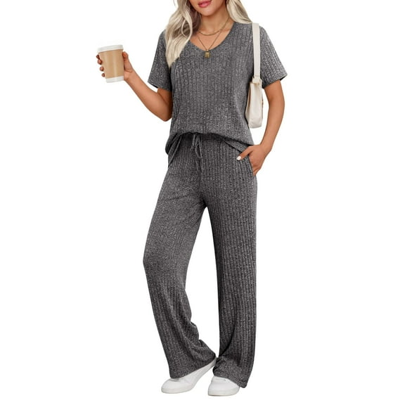 Ekouaer Lounge Sets for Women Ribbed Pajama Set Short Sleeve Top and Long Pants Set with Pockets Sleep Set