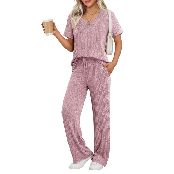 Ekouaer Lounge Sets for Women Ribbed Pajama Set Short Sleeve Top and Long Pants Set with Pockets Sleep Set