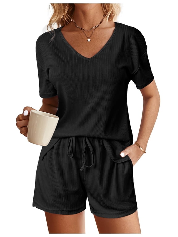 Women's Ribbed Knit Lounge Sets Short Sleeve 2-Piece Outfit Sleepwear Set