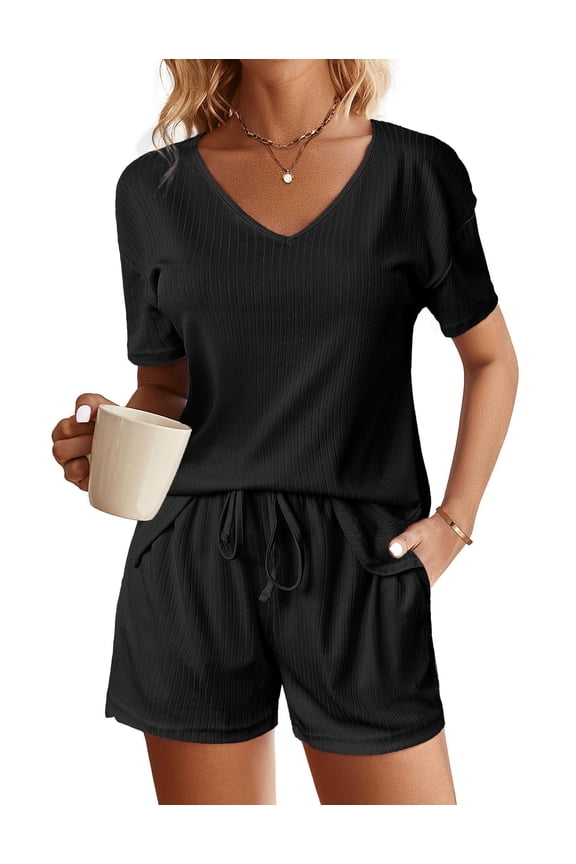 Women's Ribbed Knit Lounge Sets Short Sleeve 2-Piece Outfit Sleepwear Set