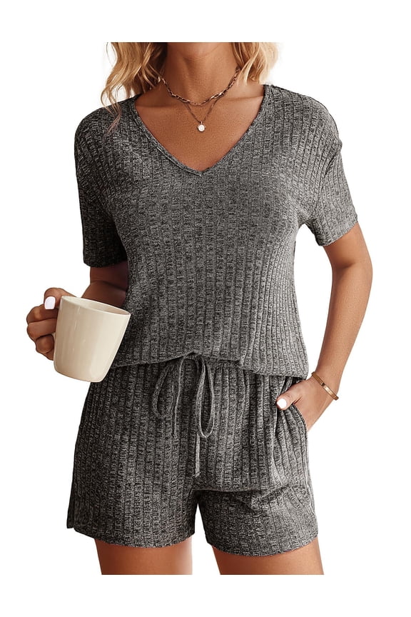 Womens 2 Piece Lounge Sets Summer Two Piece Outfits Ribbed Knit V Neck Short Sleeve Tee and Pockets Shorts Sets