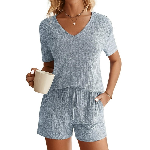 Ekouaer Women's Ribbed Knit Lounge Sets Short Sleeve 2-Piece Outfit Sleepwear Set