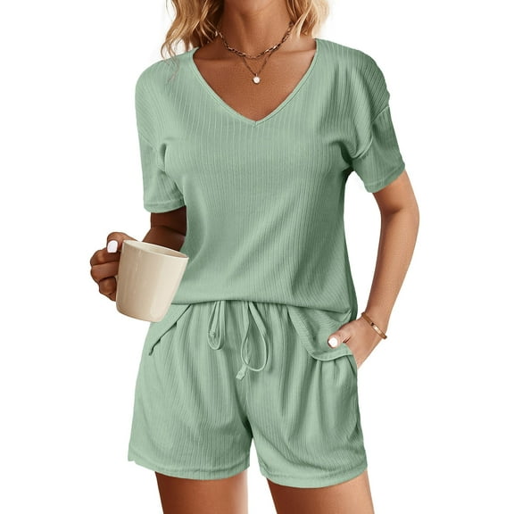 Ekouaer Womens 2 Piece Lounge Sets Summer Two Piece Outfits Ribbed Knit V Neck Short Sleeve Tee and Pockets Shorts Sets