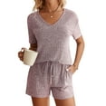 thumbnail image 1 of Ekouaer Womens 2 Piece Lounge Sets Summer Two Piece Outfits Ribbed Knit V Neck Short Sleeve Tee and Pockets Shorts Sets, 1 of 7
