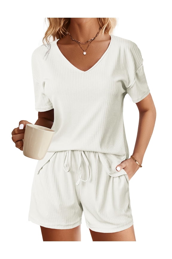 Womens Ribbed Knit Lounge Set Short Sleeve Top and Shorts Sleepwear Pajama Set Two Piece Shorts Outfits Set