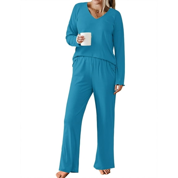 Ekouaer Womens Ribbed Knit Pajamas Set V Neck Long Sleeve Pj Set 2 Piece Loungewear Casual Sleepwear