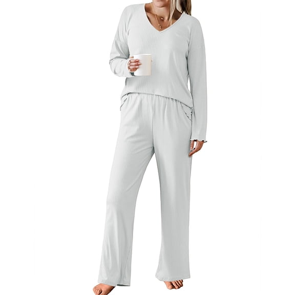 Ekouaer Womens Ribbed Knit Pajamas Set V Neck Long Sleeve Pj Set 2 Piece Loungewear Casual Sleepwear
