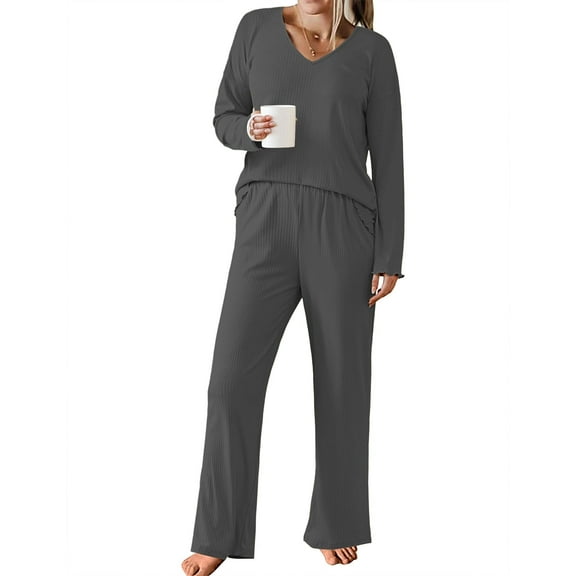 Ekouaer Womens Ribbed Knit Pajamas Set V Neck Long Sleeve Pj Set 2 Piece Matching Sleepwear Top and Pant Loungewear