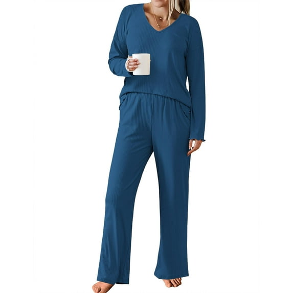 Ekouaer Womens Ribbed Knit Pajamas Set V Neck Long Sleeve Pj Set 2 Piece Matching Sleepwear Top and Pant Loungewear