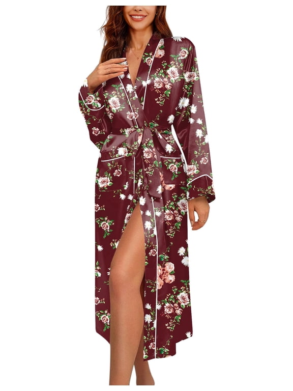 Womens Robes Long Sleeve Long Length Satin Bathrobe Soft Lightweight Silk Nightwear with Belt sexy Silky House Robe