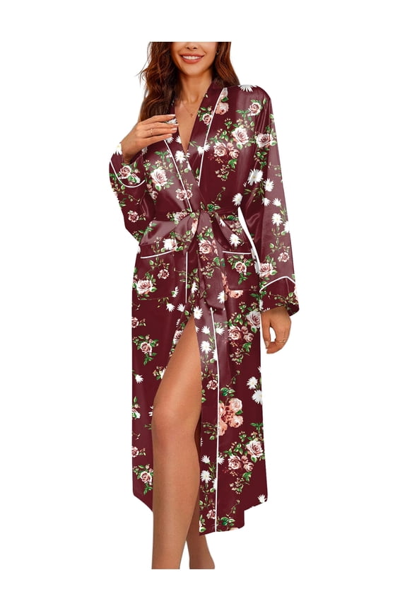 Womens Robes Long Sleeve Long Length Satin Bathrobe Soft Lightweight Silk Nightwear with Belt sexy Silky House Robe