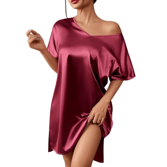 Ekouaer Women's Satin Nightgown Loose Sleepshirt V-Neck Sleepwear Short Sleeve Nightshirt Chest Pocket Sleep Dress