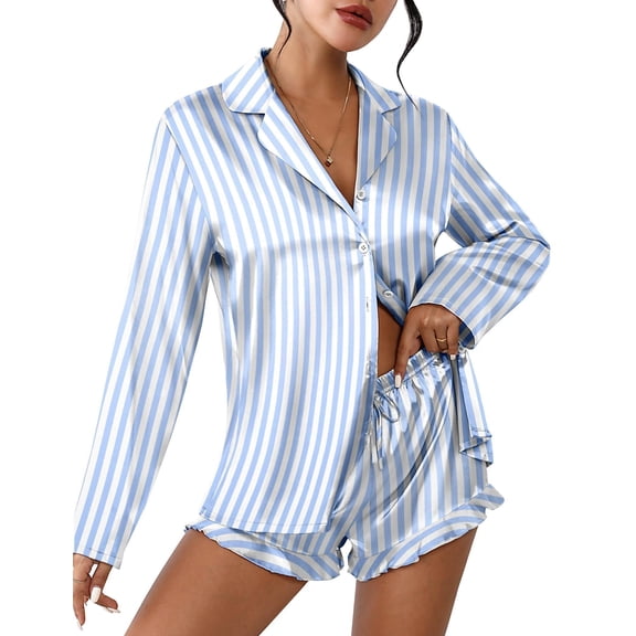 Ekouaer Womens Satin Sleepwear Sets Long Sleeve Top and Shorts Lounge Set Button Down Nightwear Outfits Set
