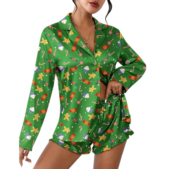 Ekouaer Womens Satin Pajama Sets Long Sleeve Top and Shorts Lounge Set Button Down Sleepwear
