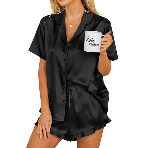Ekouaer Womens Button Down Sleepwear Satin 2 Piece Silk Loungewear Shorts Set Notch Collar Nightwear Ruffle Lingerie Outfits