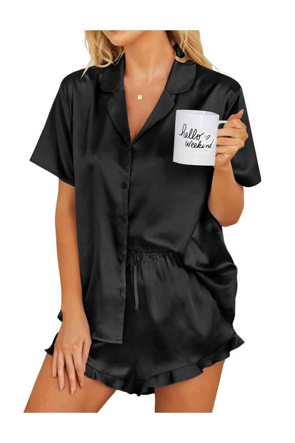 Womens Button Down Sleepwear Satin 2 Piece Silk Loungewear Shorts Set Notch Collar Nightwear Ruffle Lingerie Outfits