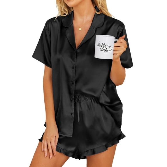 Ekouaer Womens Button Down Sleepwear Satin 2 Piece Silk Loungewear Shorts Set Notch Collar Nightwear Ruffle Lingerie Outfits