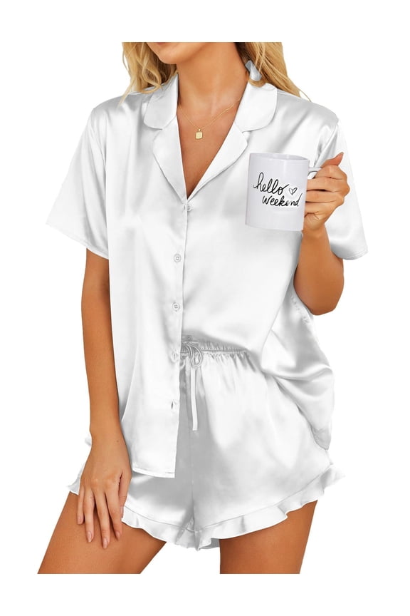 Womens Button Down Sleepwear Satin 2 Piece Silk Loungewear Shorts Set Notch Collar Nightwear Ruffle Lingerie Outfits