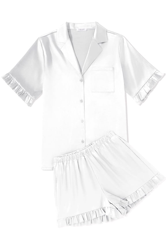 Womens Satin Pajamas Set Button Down Silk 2 Piece Pj Sets Ruffled Short Sleeve Sleepwear