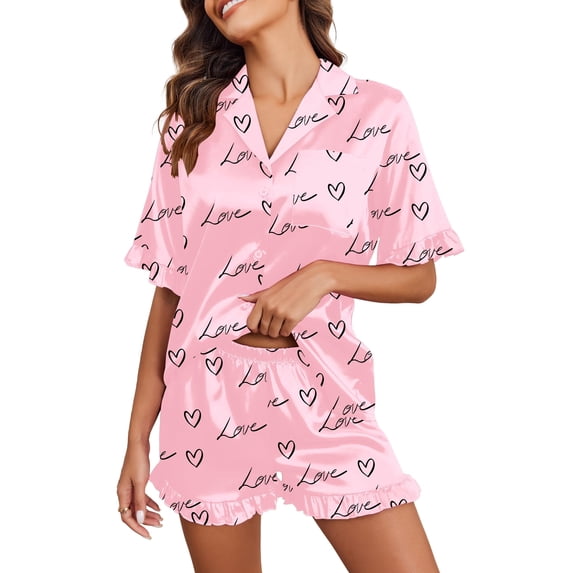 Ekouaer Womens Satin Pajamas Set Button Down Silk 2 Piece Pj Sets Ruffled Short Sleeve Sleepwear