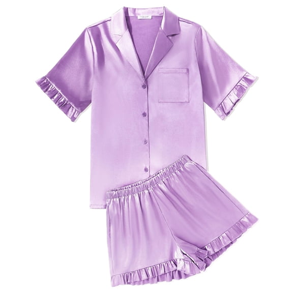 Ekouaer Womens Satin Pajamas Set Button Down Silk 2 Piece Pj Sets Ruffled Short Sleeve Sleepwear